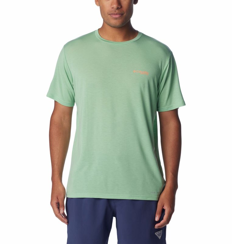 FRONT VIEW OF COLUMBIA MENS PFG TRIANGLE FILL TECH SHORT SLEEVE SHIRT IN NEW MINT/ELEMENT GRAPHIC