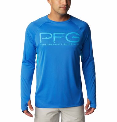 FRONT VIEW OF COLUMBIA MENS TERMINAL TACKLE VENT LONG SLEEVE SHIRT IN VIVID BLUE/OCEAN BLUE