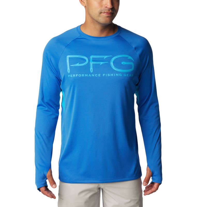 FRONT VIEW OF COLUMBIA MENS TERMINAL TACKLE VENT LONG SLEEVE SHIRT IN VIVID BLUE/OCEAN BLUE
