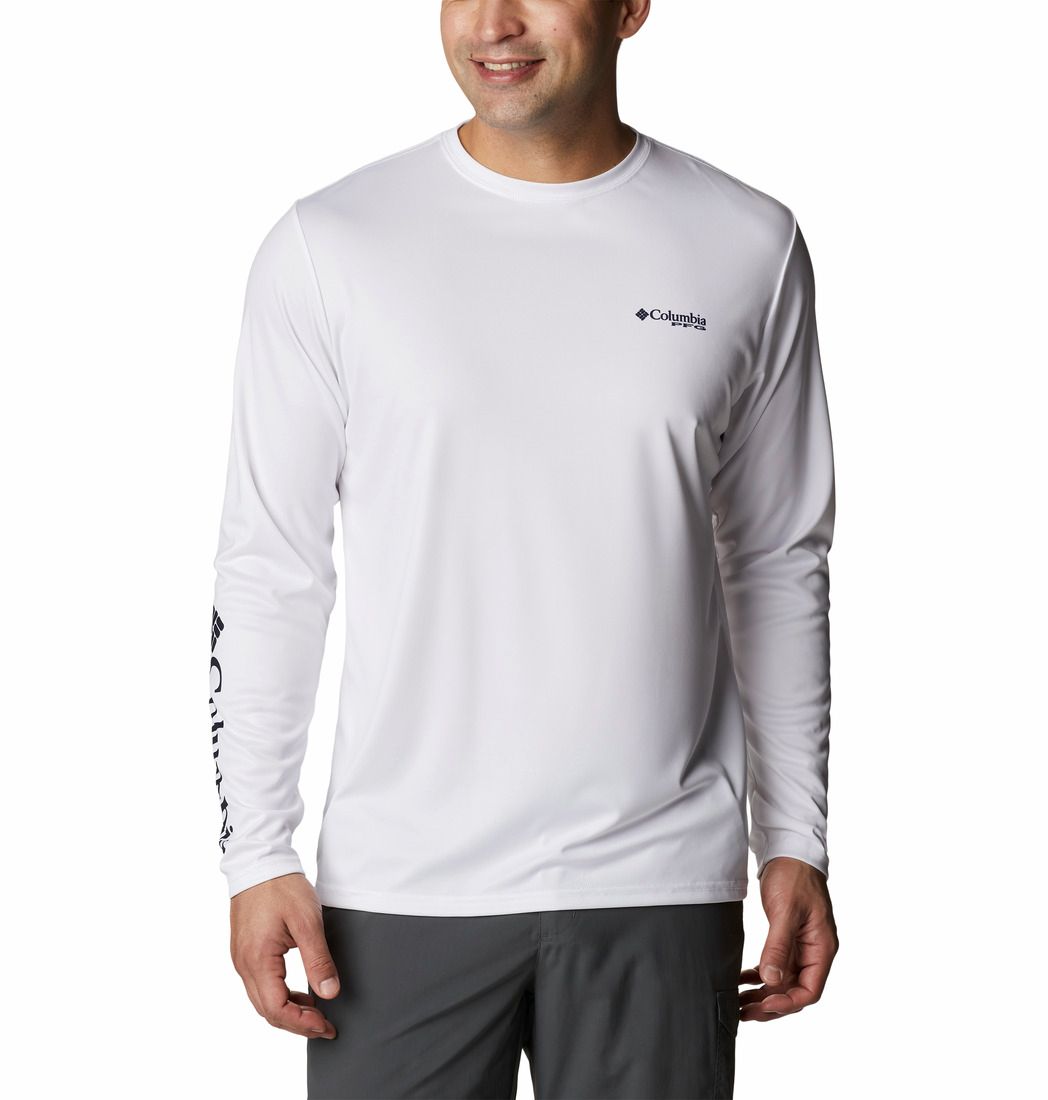 FRONT VIEW OF COLUMBIA MENS TERMINAL TACKLE PFG STATETRIOT LONG SLEEVE IN WHITE/COLLEGIATE NAVY USA