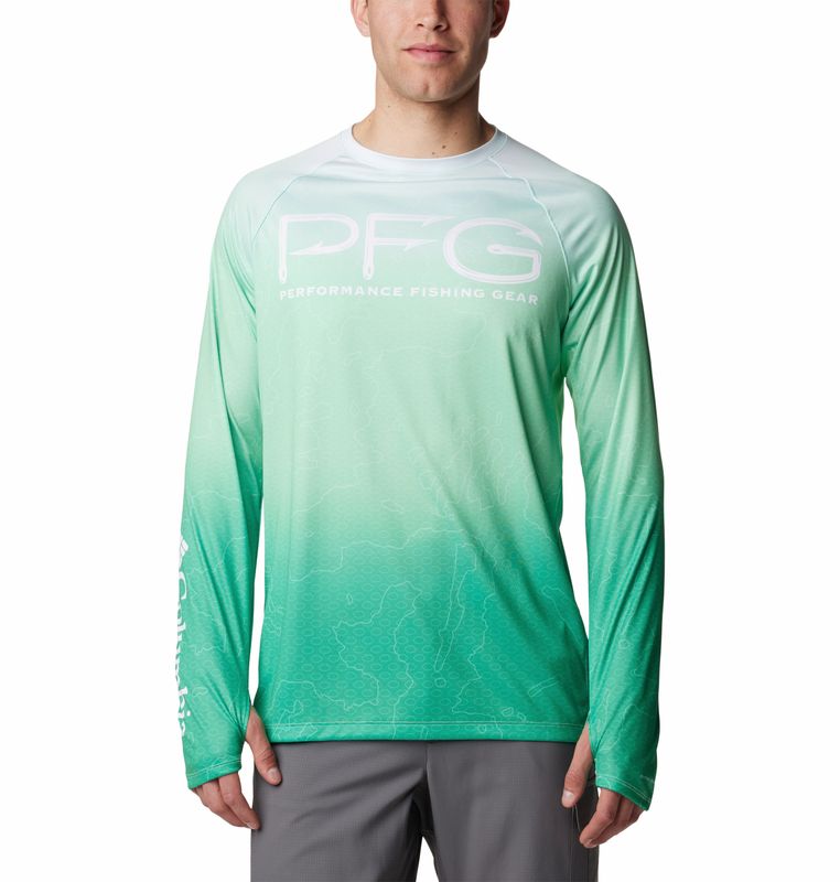 FRONT VIEW OF COLUMBIA MENS SUPER TERMINAL TACKLE VENT LONG SLEEVE SHIRT IN MINT TERMINAL TECHCAMO
