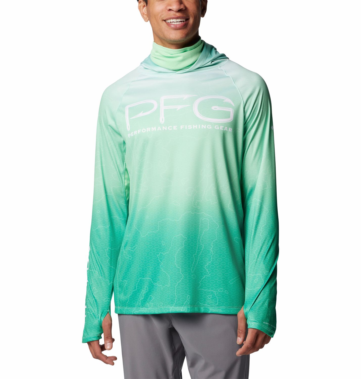 FRONT VIEW OF COLUMBIA MENS SUPER TERMINAL TACKLE VENT HOODIE IN OCEAN MINT TERMINAL TECHCAMO