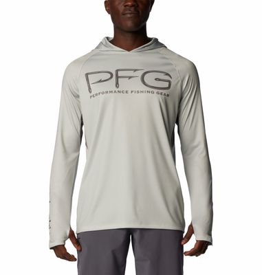FRONT VIEW OF COLUMBIA MENS TERMINAL TACKLE II VENT HOODIE IN COOL GREY/CITY GREY WITH UPF 50