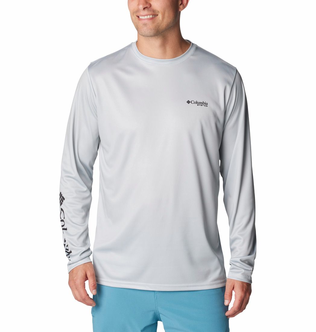 COLUMBIA MENS TERMINAL TACKLE PFG BAIT JUMPER LONG SLEEVE SHIRT 24, Color: COOL GREY/WHITE, Size: SMALL