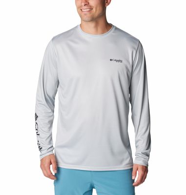 FRONT VIEW OF COLUMBIA MENS TERMINAL TACKLE PFG BAIT JUMPER LONG SLEEVE SHIRT IN COOL GREY/WHITE