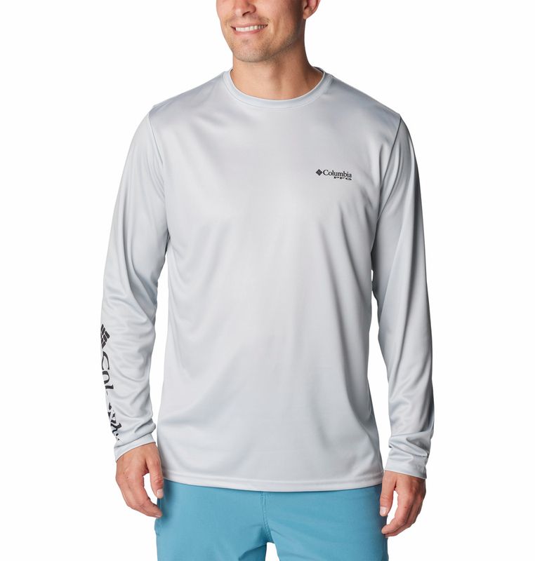 FRONT VIEW OF COLUMBIA MENS TERMINAL TACKLE PFG BAIT JUMPER LONG SLEEVE SHIRT IN COOL GREY/WHITE