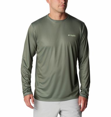 FRONT VIEW OF COLUMBIA MENS TERMINAL TACKLE PFG TARPON RISE SHIRT IN CYPRESS/TROUT PRINT/ANADROMOUS