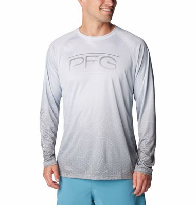 FRONT VIEW OF COLUMBIA MENS SUPER TERMINAL TACKLE PFG FADE SHIRT IN GREY TECHCAMO/BATHYMETRIC