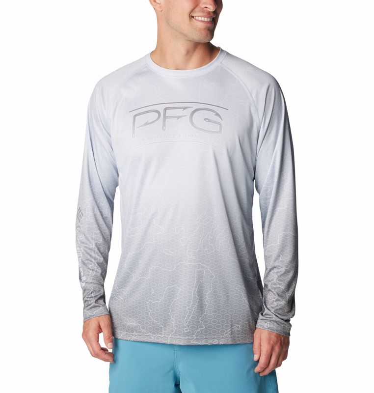 FRONT VIEW OF COLUMBIA MENS SUPER TERMINAL TACKLE PFG FADE SHIRT IN GREY TECHCAMO/BATHYMETRIC