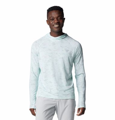 FRONT VIEW OF COLUMBIA MENS PFG UNCHARTED HOODIE IN ICY MORN WITH NEW PFG FIT: BODY SKIMMING FIT