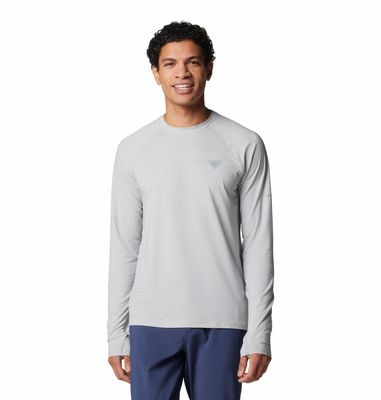 FRONT VIEW OF COLUMBIA MENS PFG UNCHARTED LONG SLEEVE SHIRT IN COOL GREY WITH NEW PFG FIT