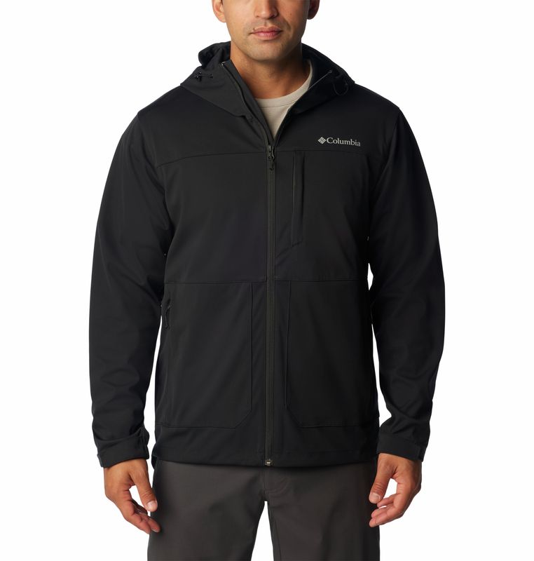 FRONT VIEW OF COLUMBIA MENS BLACK MESA HOODED SOFTSHELL JACKET IN BLACK WITH LIGHT WARMTH