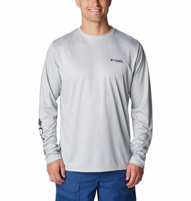 FRONT VIEW OF COLUMBIA MENS TERMINAL TACKLE PFG FINS AND STRIPES IN COOL GREY/FINS &amp; STRIPES