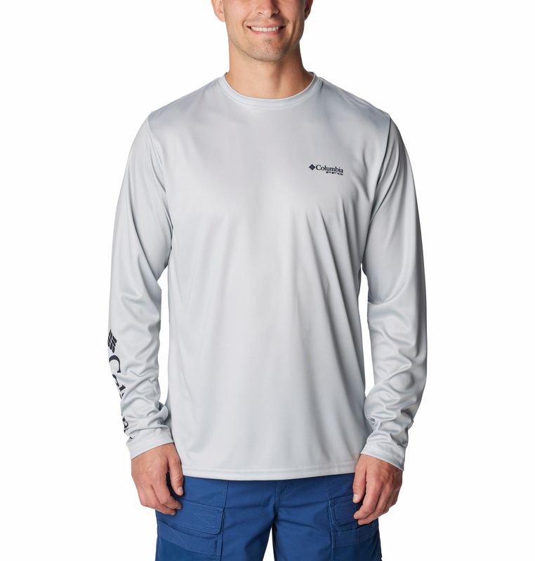 FRONT VIEW OF COLUMBIA MENS TERMINAL TACKLE PFG FINS AND STRIPES IN COOL GREY/FINS &amp; STRIPES
