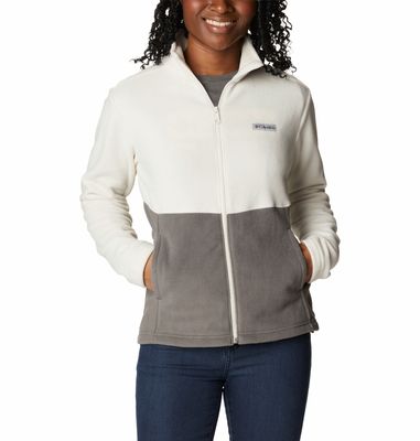 FRONT VIEW OF COLUMBIA WOMENS MIDNIGHT LAKE II FULL ZIP SWEATER IN CHALK/CHARCOAL WITH LIGHT WARMTH