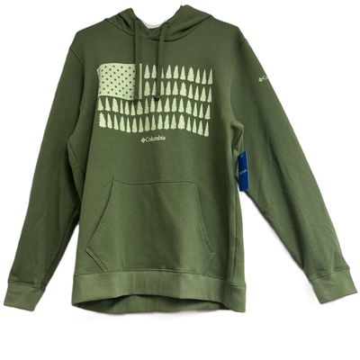 FRONT VIEW OF COLUMBIA MENS COLUMBIA TREK GRAPHIC HOODIE IN CANTEEN/TREELINE WITH CLASSIC COMFORT
