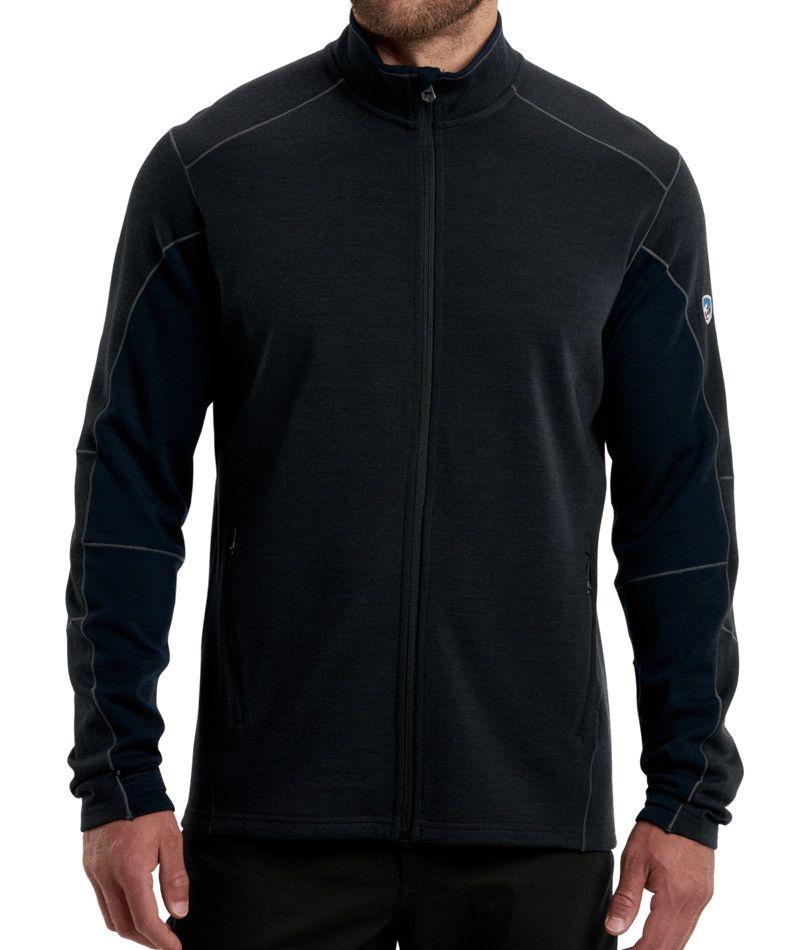 MAIN IMAGE OF KUHL MENS INVIGORATR FULL ZIP SWEATER IN BLACK N BLUE SMALL WITH DYNAMIK STITCHING