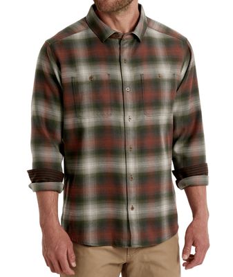 KUHL MENS LAW FLANNEL LONG SLEEVE SHIRT 25 FRONT VIEW OF KUHL MENS LAW FLANNEL LONG SLEEVE SHIRT IN OLIVE COPPER