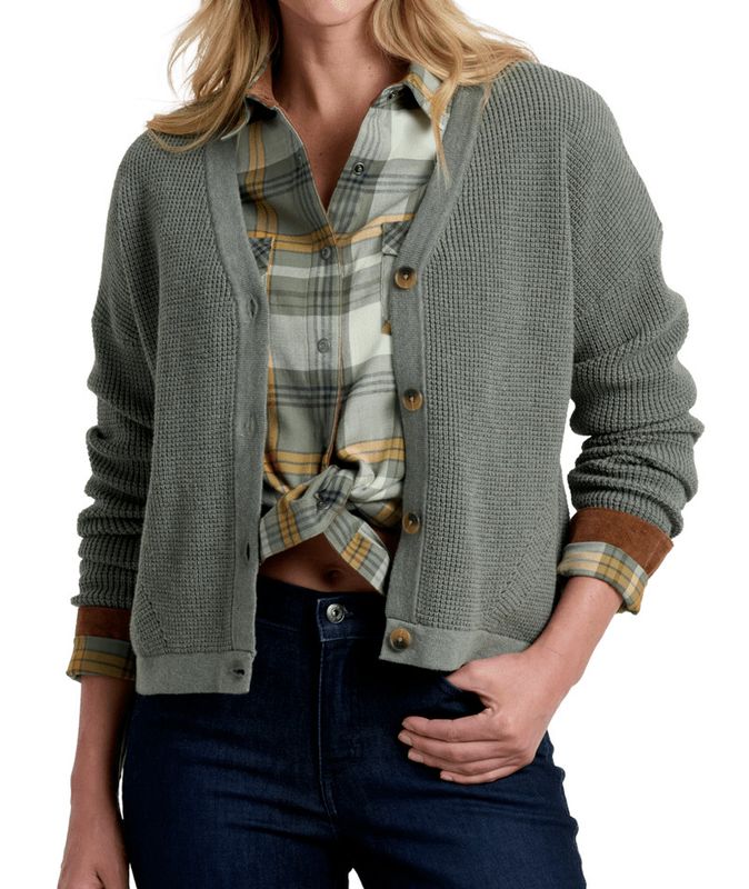 FRONT VIEW OF KUHL WOMENS BRYNN CARDIGAN SWEATER IN SOFT PINE