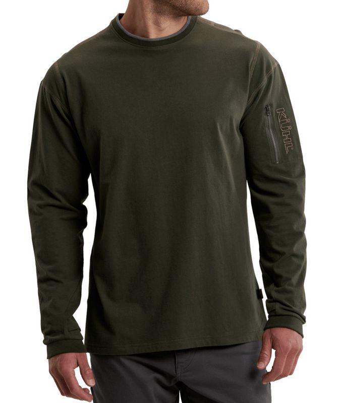FRONT VIEW OF KUHL MENS KOMMANDO CREW LONG SLEEVE SHIRT IN OLIVE SLATE