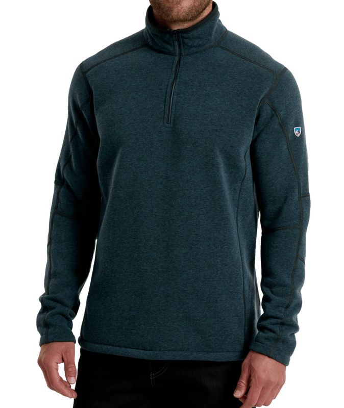 FRONT VIEW OF KUHL MENS REVEL 1/4 ZIP SWEATER IN STORM BLUE