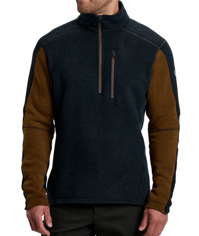 FRONT VIEW OF KUHL MENS INTERCEPTR 1/4 ZIP SWEATER IN MUTINY BLUE/GRAIN