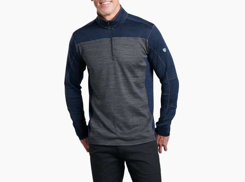 FRONT VIEW OF KUHL MENS RYZER SWEATER IN BLUE CHARCOAL