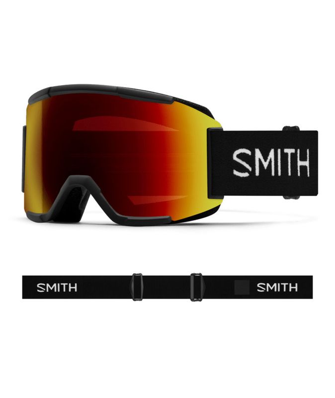 FRONT VIEW OF SMITH UNISEX SQUAD GOGGLES IN BLACK CHROMAPOP SUN RED MIRROR