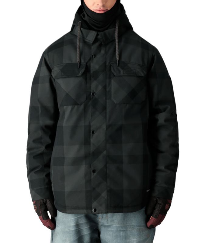 FRONT VIEW OF 686 MENS WOODLAND WINTER JACKET IN TONAL BLACK PLAID
