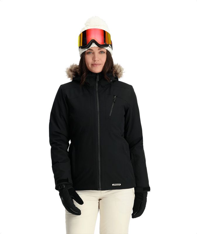 FRONT VIEW OF SPYDER WOMENS SKYLINE WINTER JACKET IN BLACK