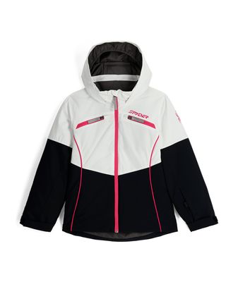 FRONT VIEW OF SPYDER YOUTH GIRLS CAMILLE WINTER JACKET IN WHITE