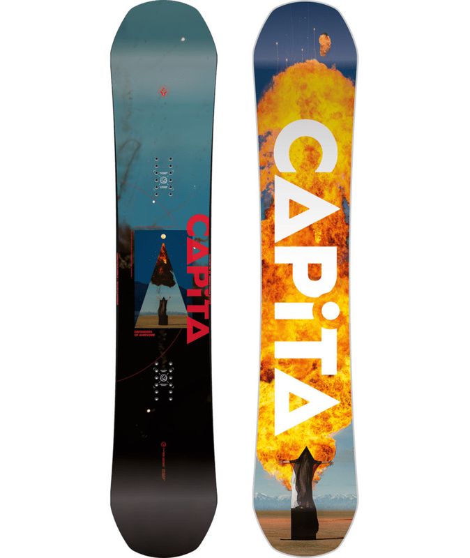 TOPSHEET AND BASE VIEW OF CAPITA MENS DEFENDERS OF AWESOME SNOWBOARD IN BLACK/BLUE