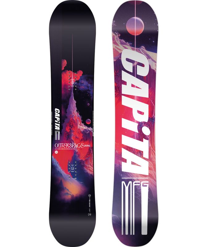 TOPSHEET AND BASE VIEW OF CAPITA MENS OUTERSPACE LIVING SNOWBOARD IN 154 AND 157W