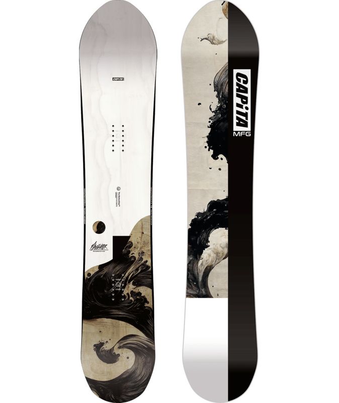 TOPSHEET AND BASE VIEW OF CAPITA MENS THE NAVIGATOR SNOWBOARD IN WHITE/TAN/BLACK