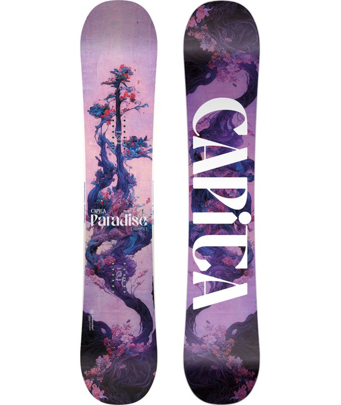 TOPSHEET AND BASE VIEW OF CAPITA WOMENS PARADISE SNOWBOARD IN 143 AND 152W