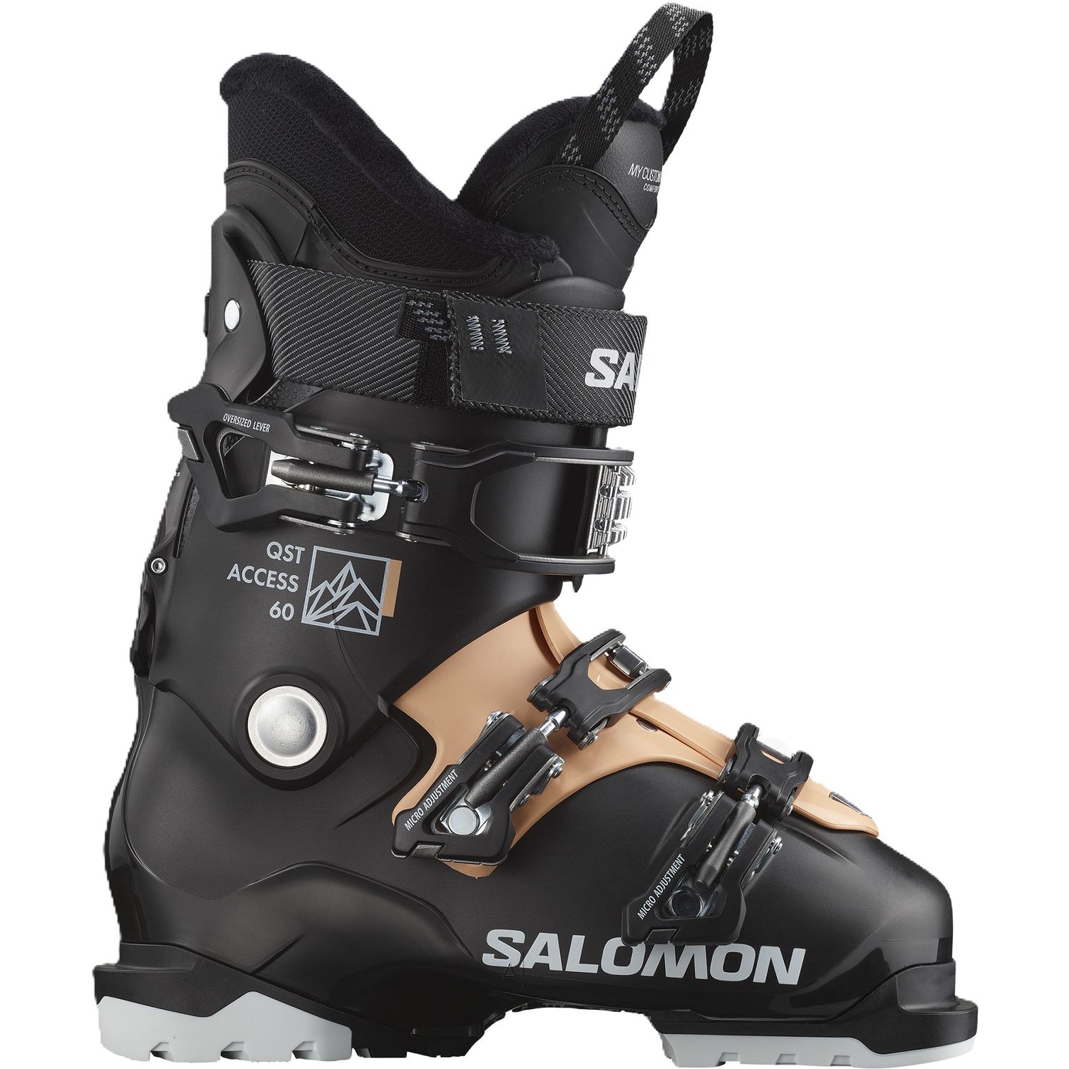 MAIN IMAGE OF SALOMON WOMENS QST ACCESS 60 DOWNHILL SKI BOOT IN BLACK/BEACH SAND/WHITE 24.5