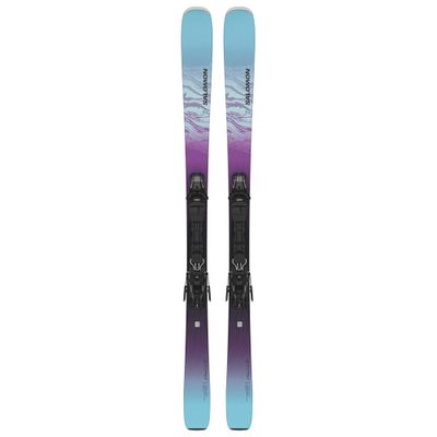 TOPSHEET VIEW OF SALOMON WOMENS E STANCE W 80 + M10 GW L80 DOWNHILL SKIS WITH MOUNTAIN VERATILITY