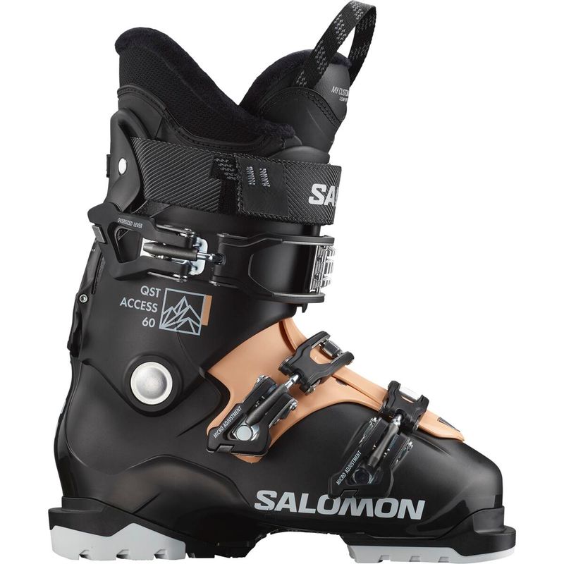 SIDE VIEW OF SALOMON WOMENS QST ACCESS 60 DOWNHILL SKI BOOT WITH HIKE FUNCTION