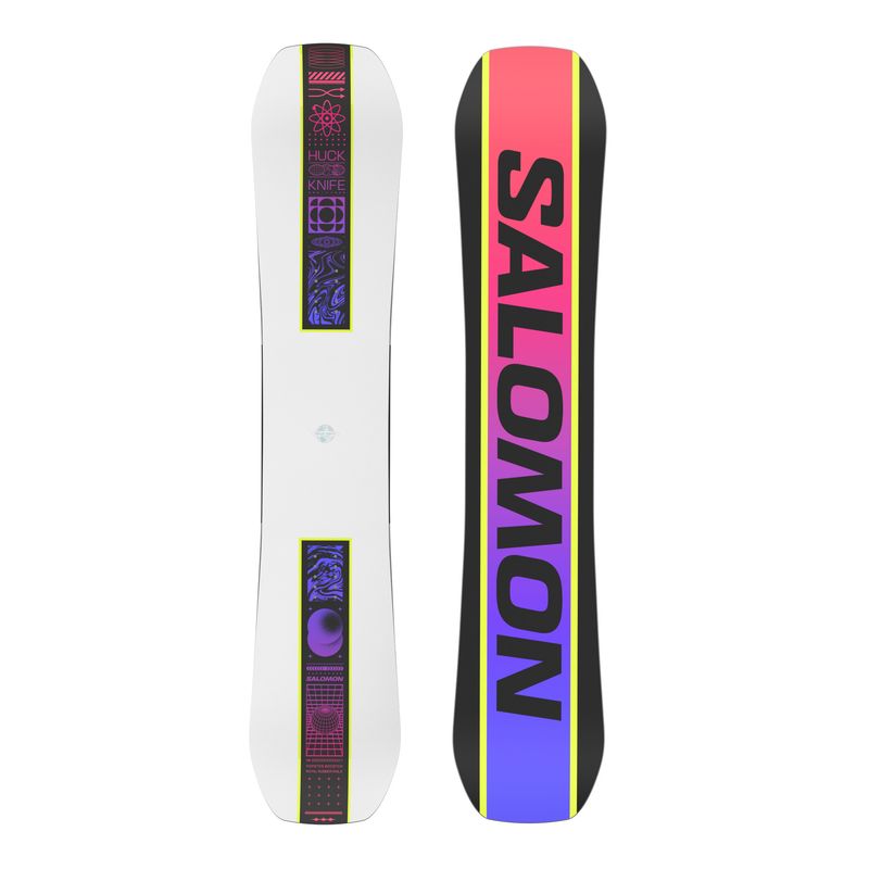 SNOWBOARD TOPSHEET AND BASE VIEW OF SALOMON MENS HUCK KNIFE SNOWBOARD WITH MEDIUM FLEX