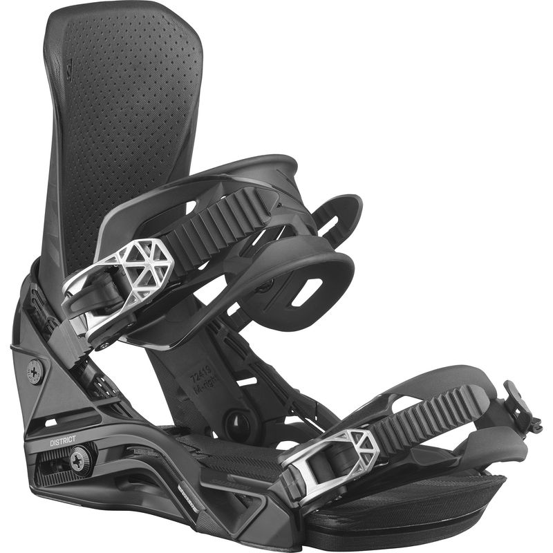 FRONT VIEW OF SALOMON MENS DISTRICT SNOWBOARD BINDING IN BLACK
