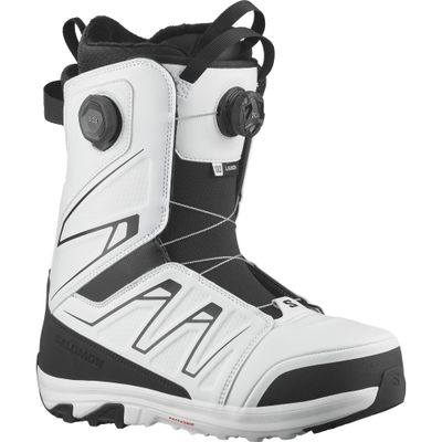FRONT VIEW OF SALOMON MENS LAUNCH BOA SJ BOA SNOWBOARD BOOTS IN BLACK/WHITE