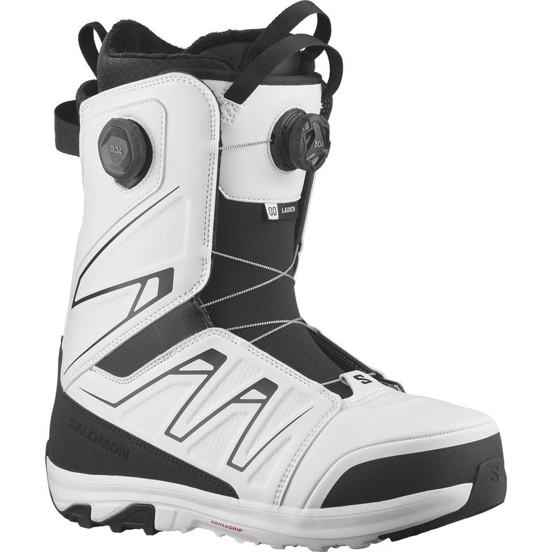 FRONT VIEW OF SALOMON MENS LAUNCH BOA SJ BOA SNOWBOARD BOOTS IN BLACK/WHITE