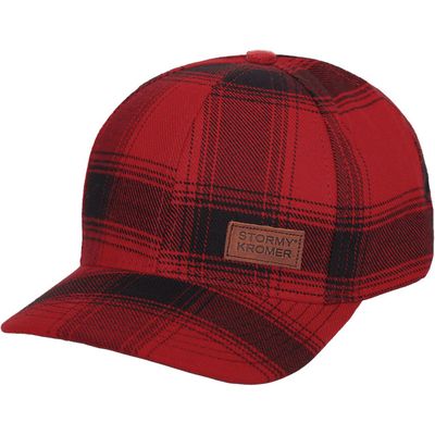FRONT VIEW OF STORMY KROMER UNISEX FLANNEL CURVEBALL CAP IN RED/BLACK PLAID