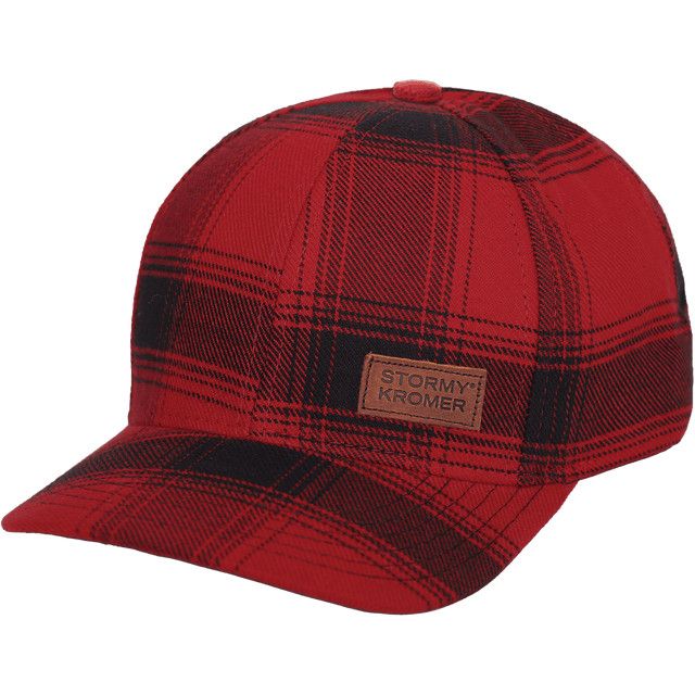 FRONT VIEW OF STORMY KROMER UNISEX FLANNEL CURVEBALL CAP IN RED/BLACK PLAID