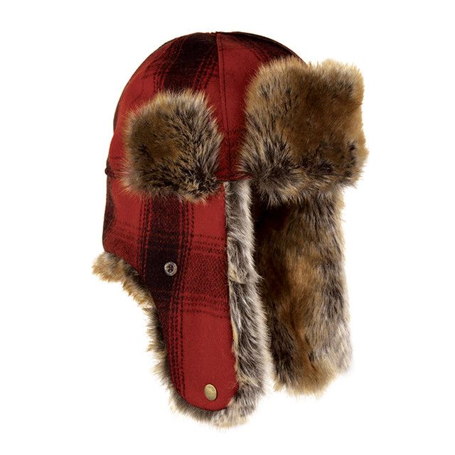 SIDE VIEW OF STORMY KROMER UNISEX NORTHWOODS TRAPPER WINTER HAT IN RED/BLACK PLAID