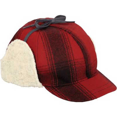 SIDE VIEW OF STORMY KROMER UNISEX SNOWDRIFT CAP IN RED/BLACK PLAID
