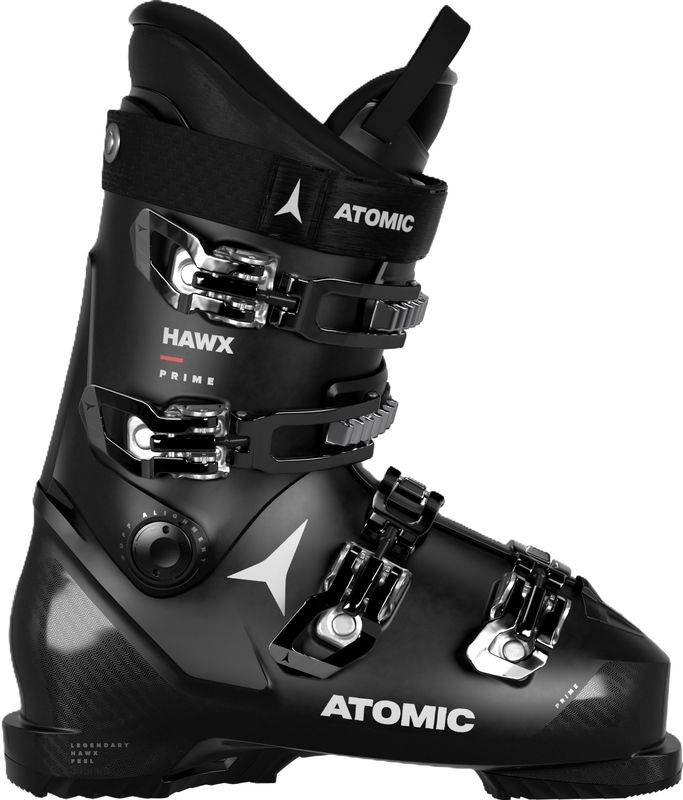 SIDE VIEW OF ATOMIC MENS HAWX PRIME DOWNHILL SKI BOOT WITH SOFT FLEX AND MEDIUM FIT