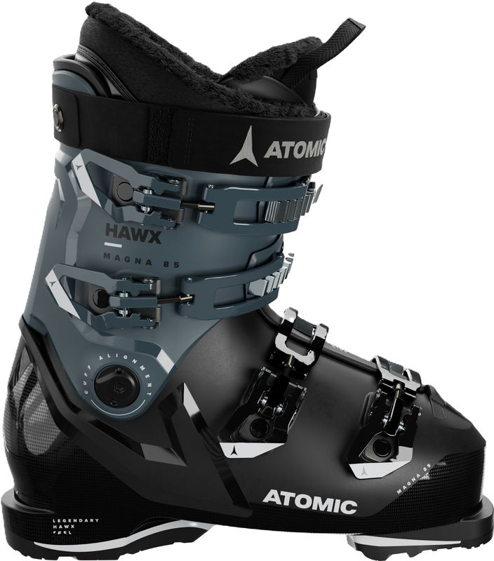 SIDE SKI BOOT VIEW OF ATOMIC WOMENS HAWX MAGNA 85W GW DOWNHILL SKI BOOT WITH SOFT FLEX AND WIDE FIT