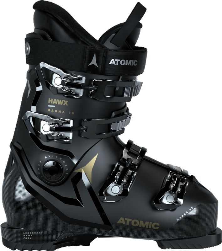 SIDE VIEW OF ATOMIC WOMENS HAWX MAGNA 75 W DOWNHILL SKI BOOT WITH PROLITE AND 102MM WIDE LAST