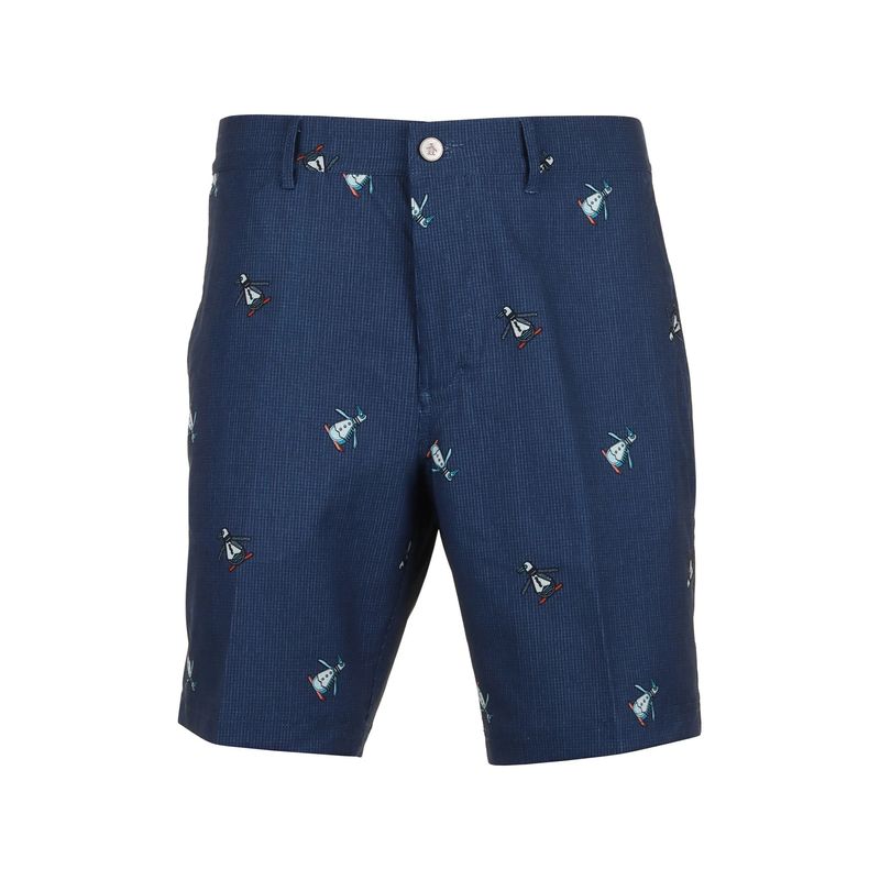 FRONT VIEW OF PENGUIN MENS ALL-OVER MEMPHIS PETE PRINTED SHORT IN BLACK IRIS/BIJOU HEATHER